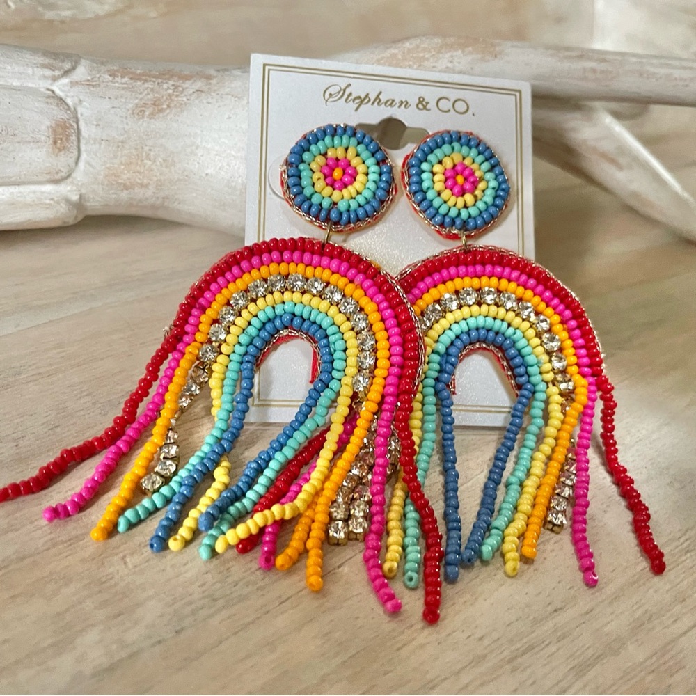 NWT Beaded and Rhinestone Rainbow Post Earrings